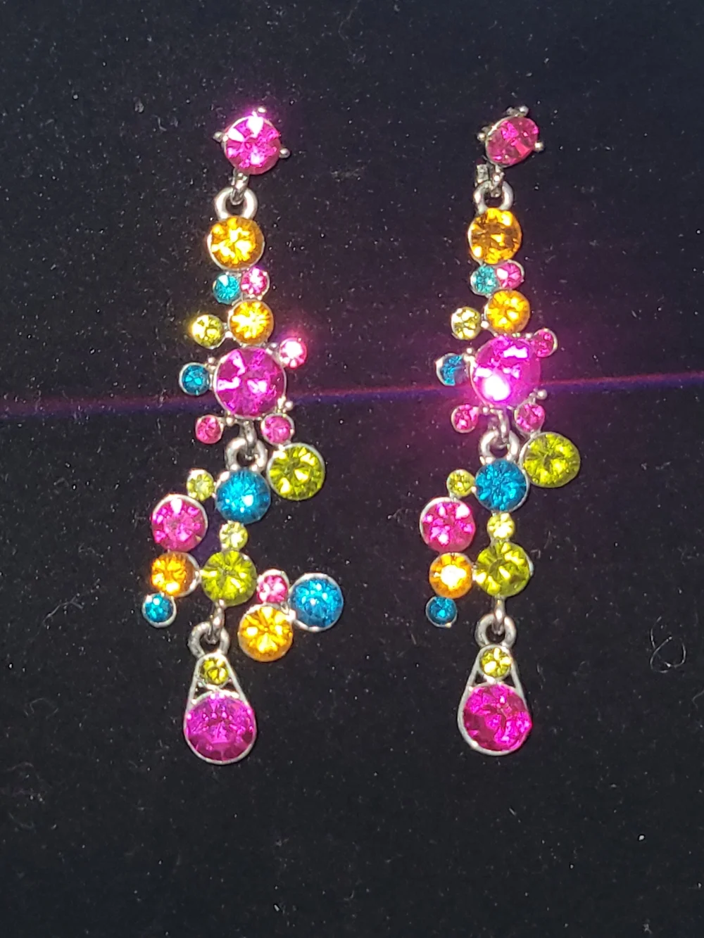 Colorful Rhinestone Chandelier Dangle Earrings Silver Tone Pierced Statement